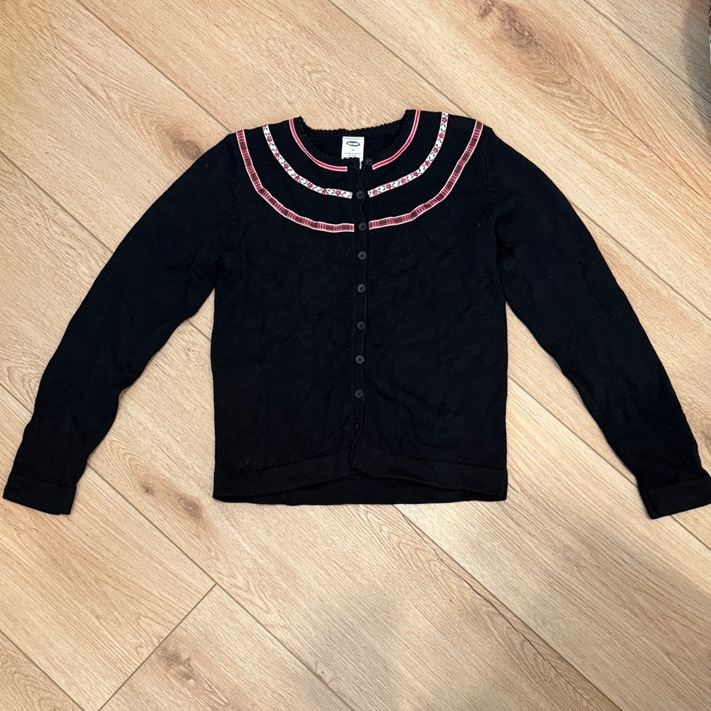 Girls Old Navy Black Cardigan with red and white Trim (floral and gingham)